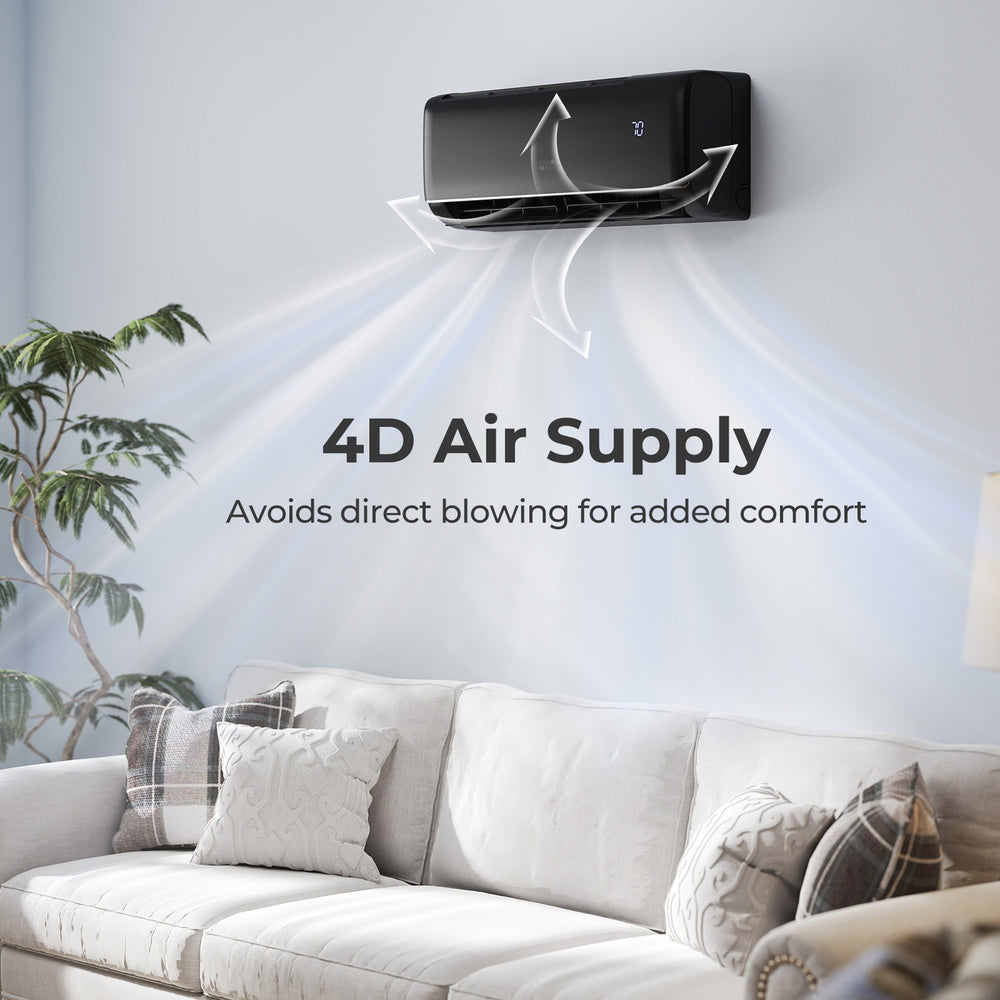 Mini split AC unit with 4D air supply, WiFi enabled, designed for efficient cooling and heating in large rooms.