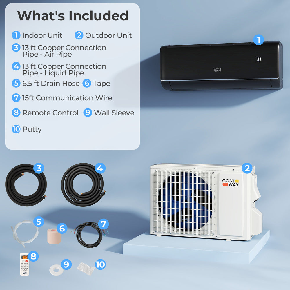 GreyVolt Series 12000 BTU mini split AC unit with indoor and outdoor components, ideal for rooms up to 750 sq.ft.