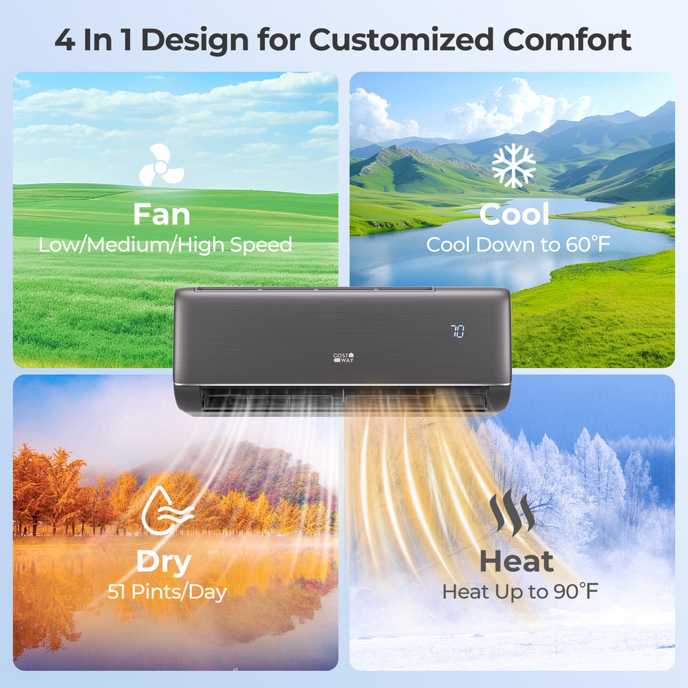 GreyVolt 12000 BTU mini split AC with 4-in-1 design, cooling, heating, and drying for rooms up to 750 sq.ft.