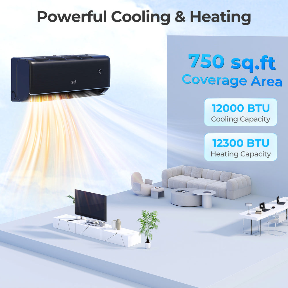 Mini split AC unit with powerful 12000 BTU cooling and heating, designed for rooms up to 750 sq.ft, WiFi enabled.