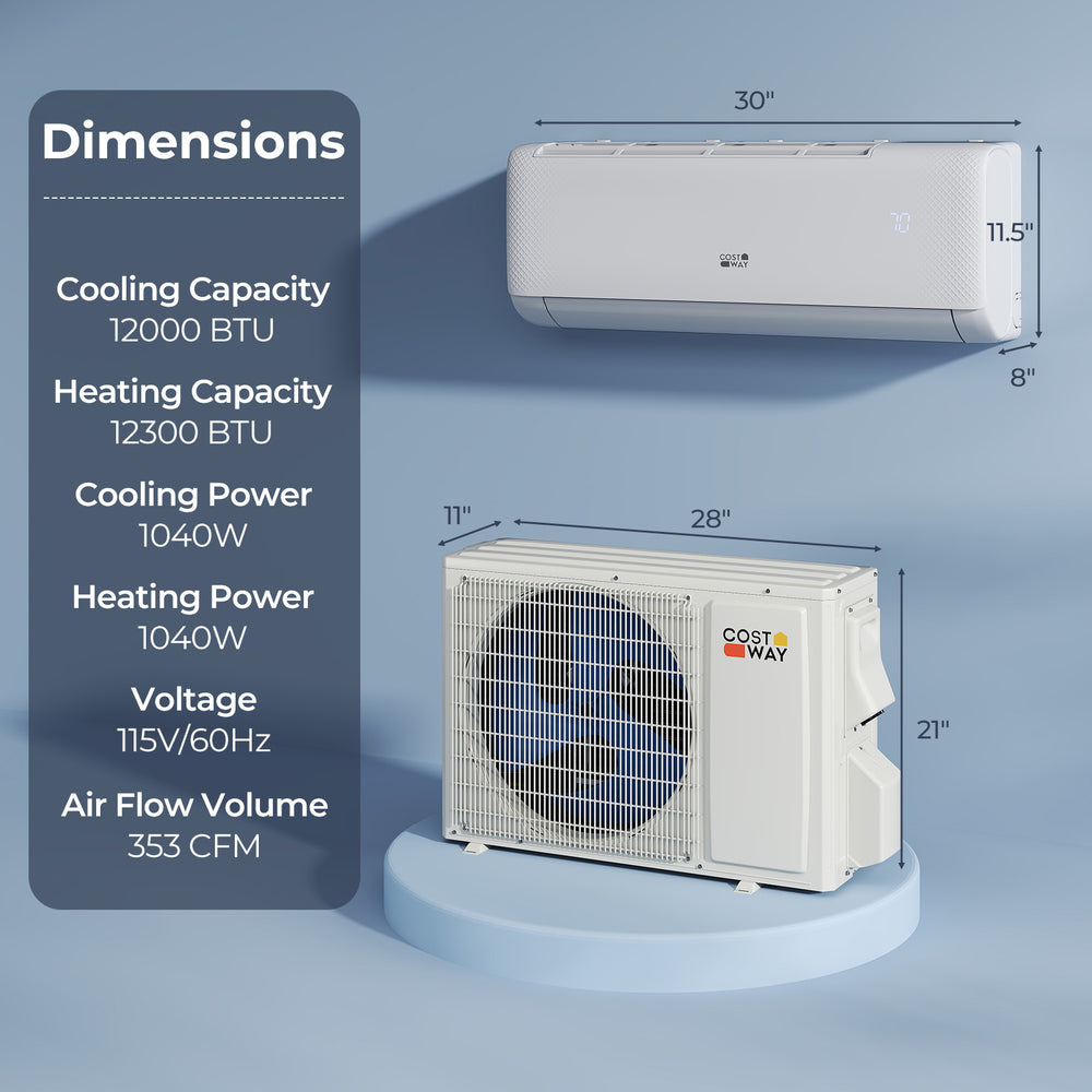 Airtural Series 12000 BTU mini split heat pump with cooling, heating, and WiFi control, ideal for large rooms up to 750.
