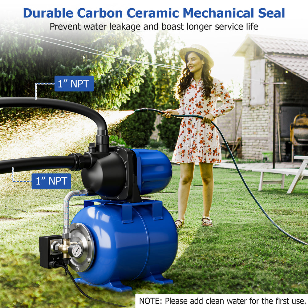 Blue 1200 W garden water pump with 1" NPT fittings, ideal for pressurized irrigation and efficient water lifting.