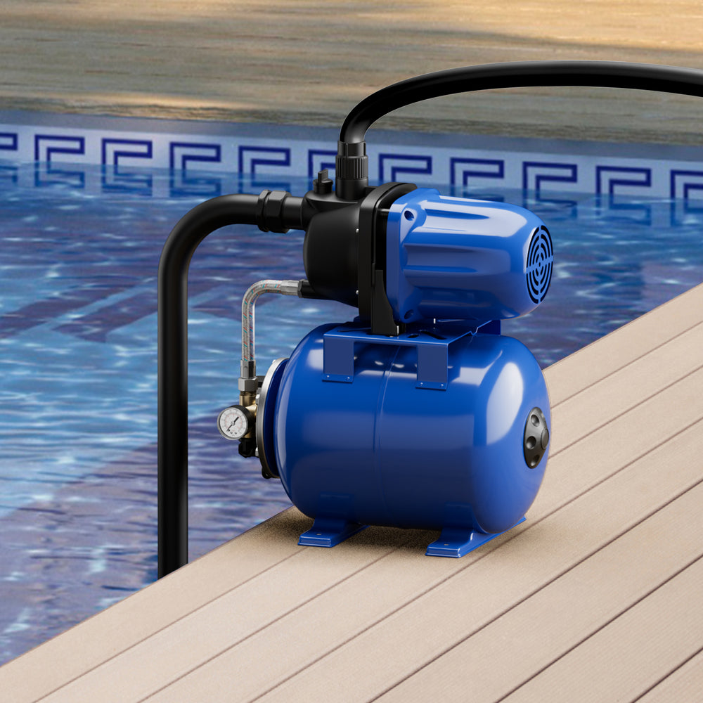 Blue 1200 W garden water pump with 150 ft lift and 1000 GPH rating, ideal for pressurized irrigation by the pool.