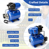 Garden water pump with 5-gallon pressure tank, pressure gauge, and stable metal base for efficient irrigation.