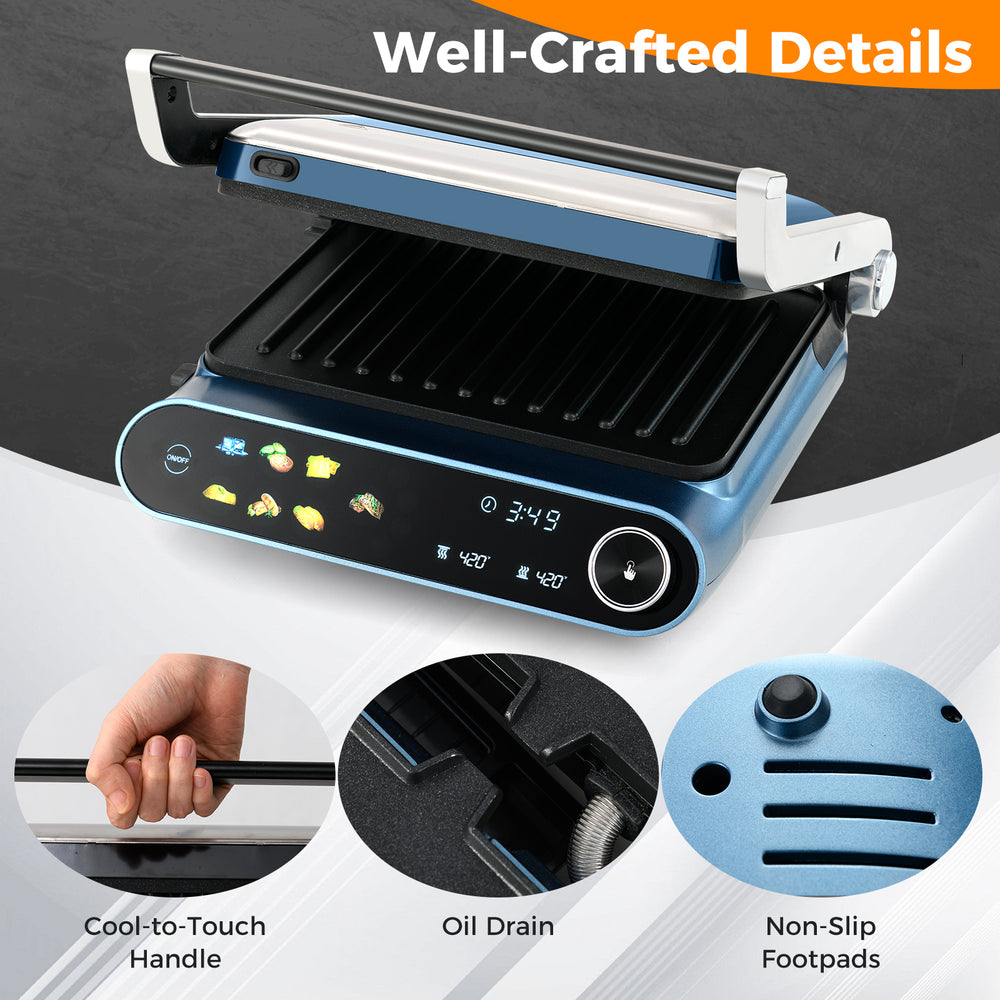 1200W panini press grill in blue with LED display, cool-to-touch handle, and non-slip footpads for safe cooking.