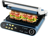 Panini press grill in blue with LED display, featuring 7 grilling modes and 1200W for even heat distribution.