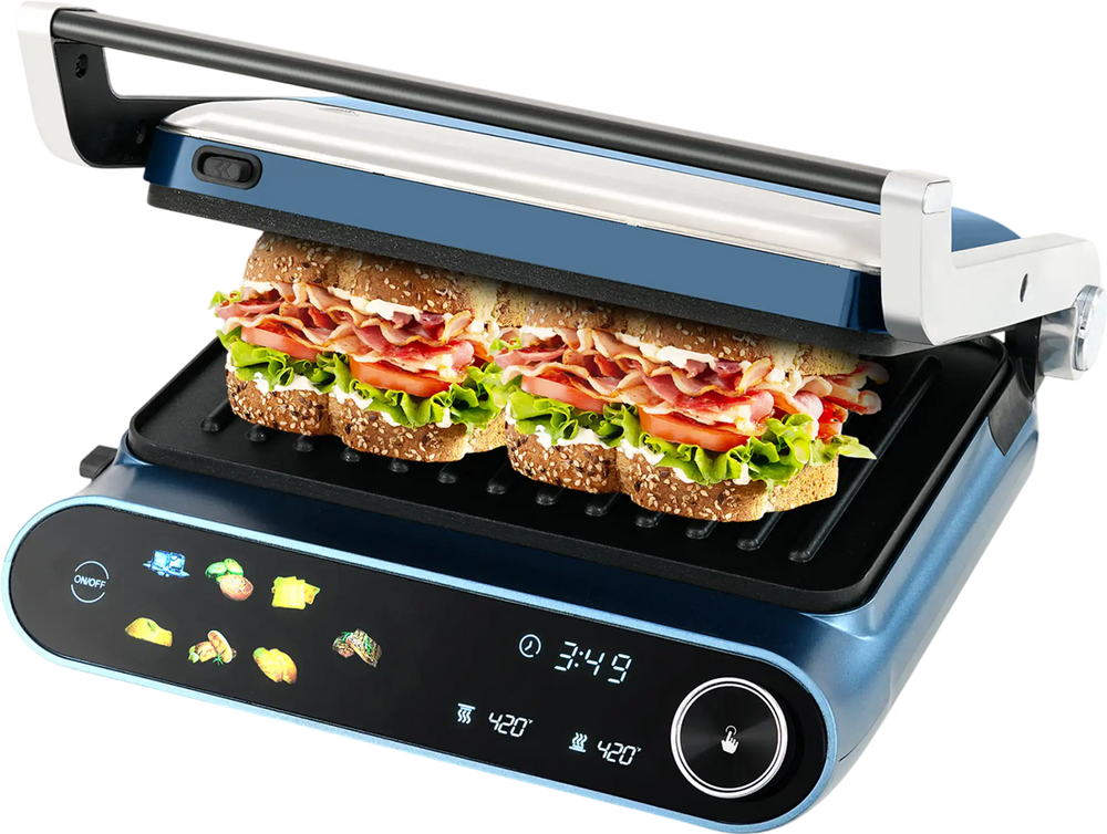 Panini press grill in blue with LED display, featuring 7 grilling modes and 1200W for even heat distribution.