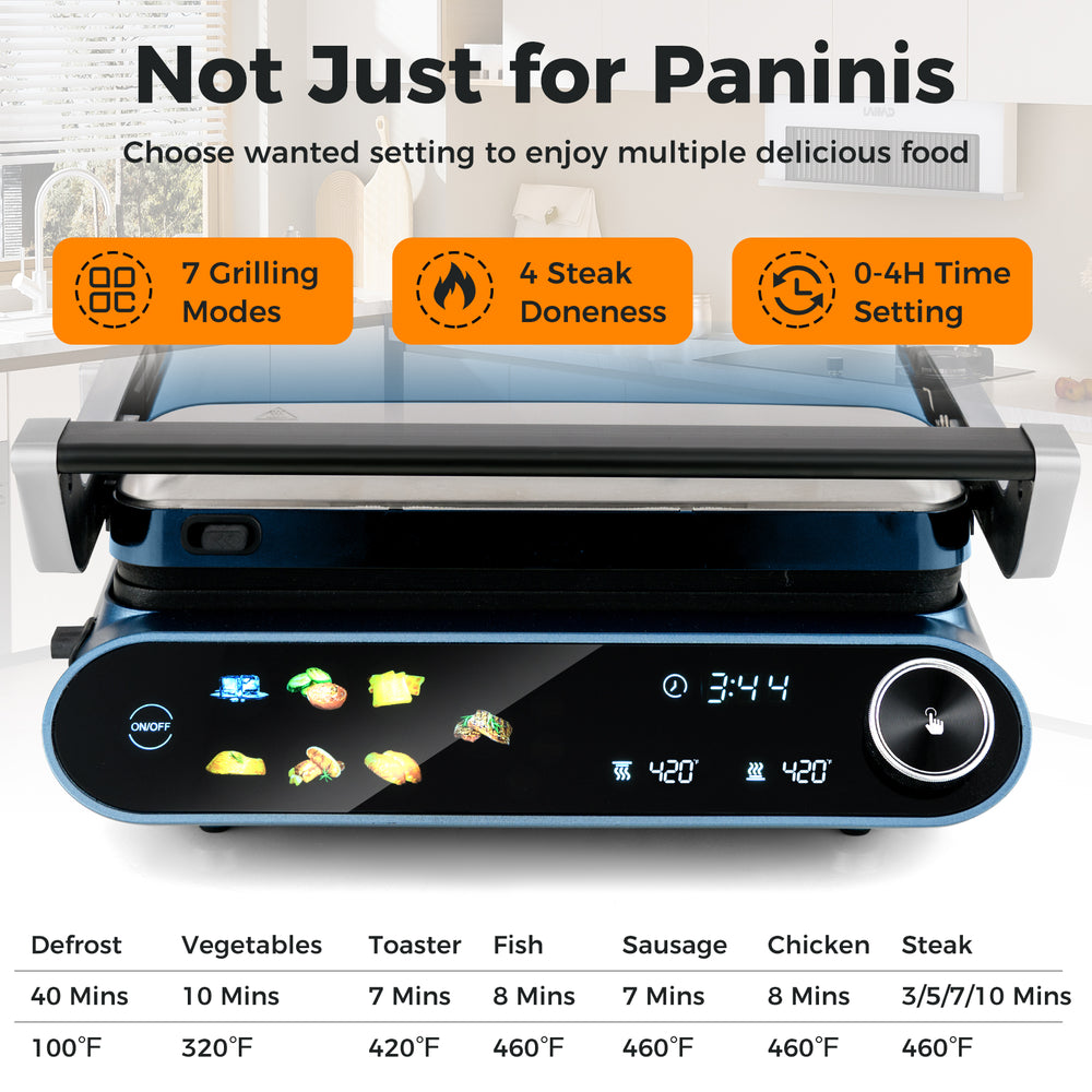 1200W blue panini press grill with LED display, 7 grilling modes, and adjustable temperature for versatile cooking.