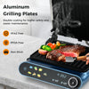 1200W Panini press grill in blue with LED display, showcasing steak mode and non-stick grilling plates for versatile.