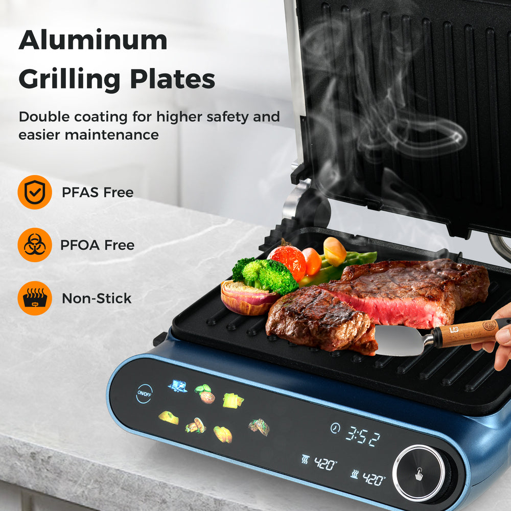 1200W Panini press grill in blue with LED display, showcasing steak mode and non-stick grilling plates for versatile.