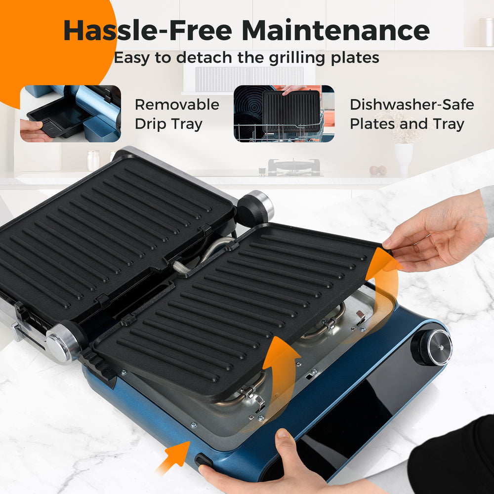 Panini press grill with removable dishwasher-safe plates, LED display, and 7 grilling modes for versatile cooking.
