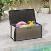 Large black and brown 100-gallon deck box with lockable lid, perfect for storing patio items and pool equipment.