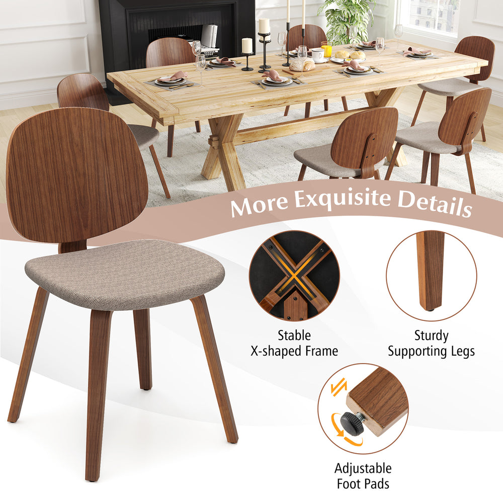 Wooden dining chair with padded seat and bentwood frame in walnut, featuring adjustable footpads for stability.