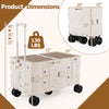 Large foldable utility cart in white with 2-tier storage crates, telescoping handle, and dimensions for versatile use.
