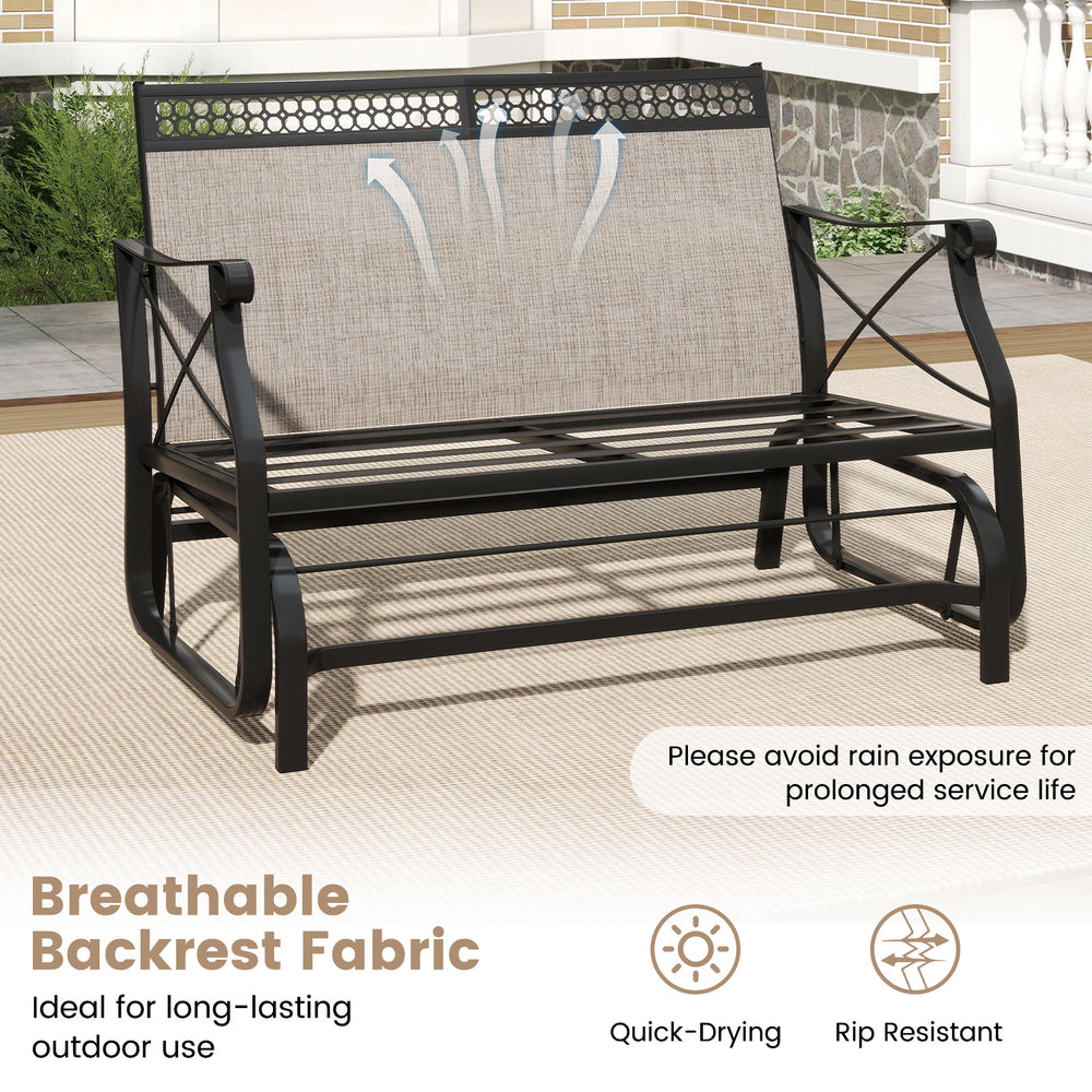 Outdoor 2-person glider rocking chair loveseat with breathable backrest fabric and thick cushions for patio relaxation.