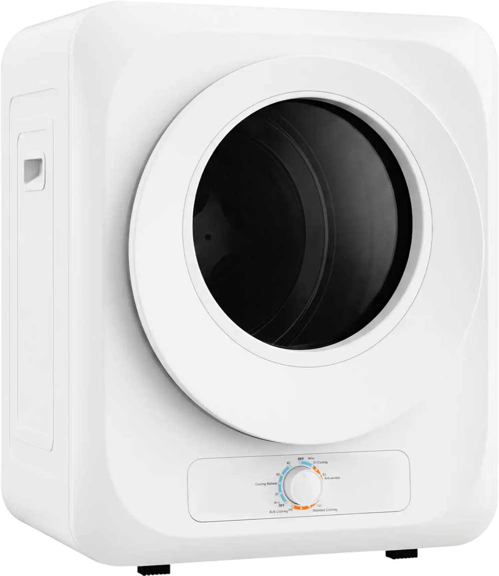 Compact 1.5 cu.ft portable clothes dryer in white with knob control and five drying modes for efficient laundry care.