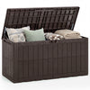 Brown 120 Gal outdoor deck box with lid, handles, and cushions, ideal for garden tools and extra seating.