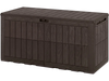 Brown 120 Gal outdoor deck box with lid, handles, and wicker texture for garden tools and extra seating.