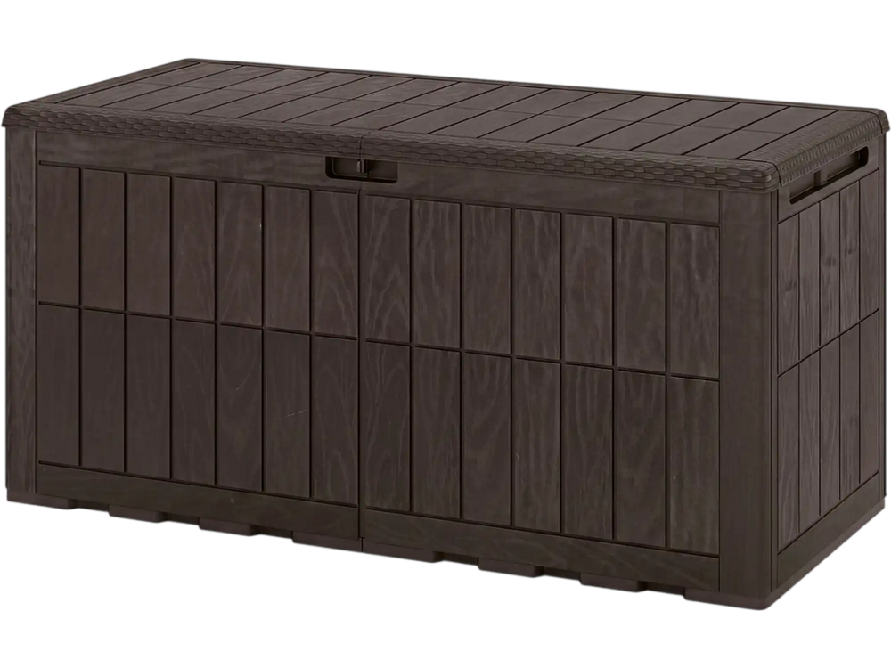 Brown 120 Gal outdoor deck box with lid, handles, and wicker texture for garden tools and extra seating.