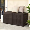 Outdoor deck box in brown with lid, handles, and wicker texture, offering 120 Gal capacity for garden tools and seating.