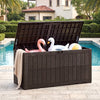 Outdoor deck box with lid, holding pool floats, made of durable brown PP, ideal for garden tools and seating.
