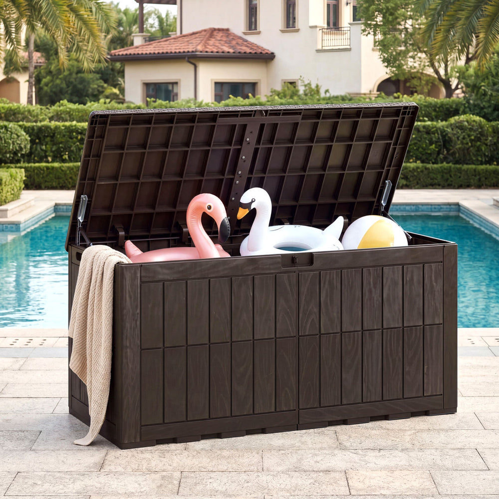 120 Gal Outdoor Deck Box with Lid and Handles for Garden Tools-Brown - Gallery View 1 of 11