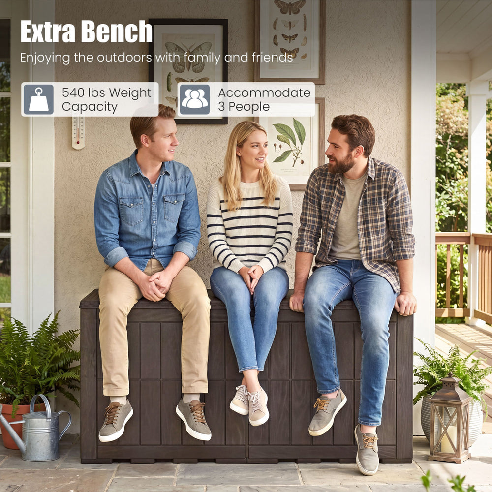 Extra bench deck box in brown, 120 Gal capacity, supports 540 lbs, ideal for outdoor seating with friends.