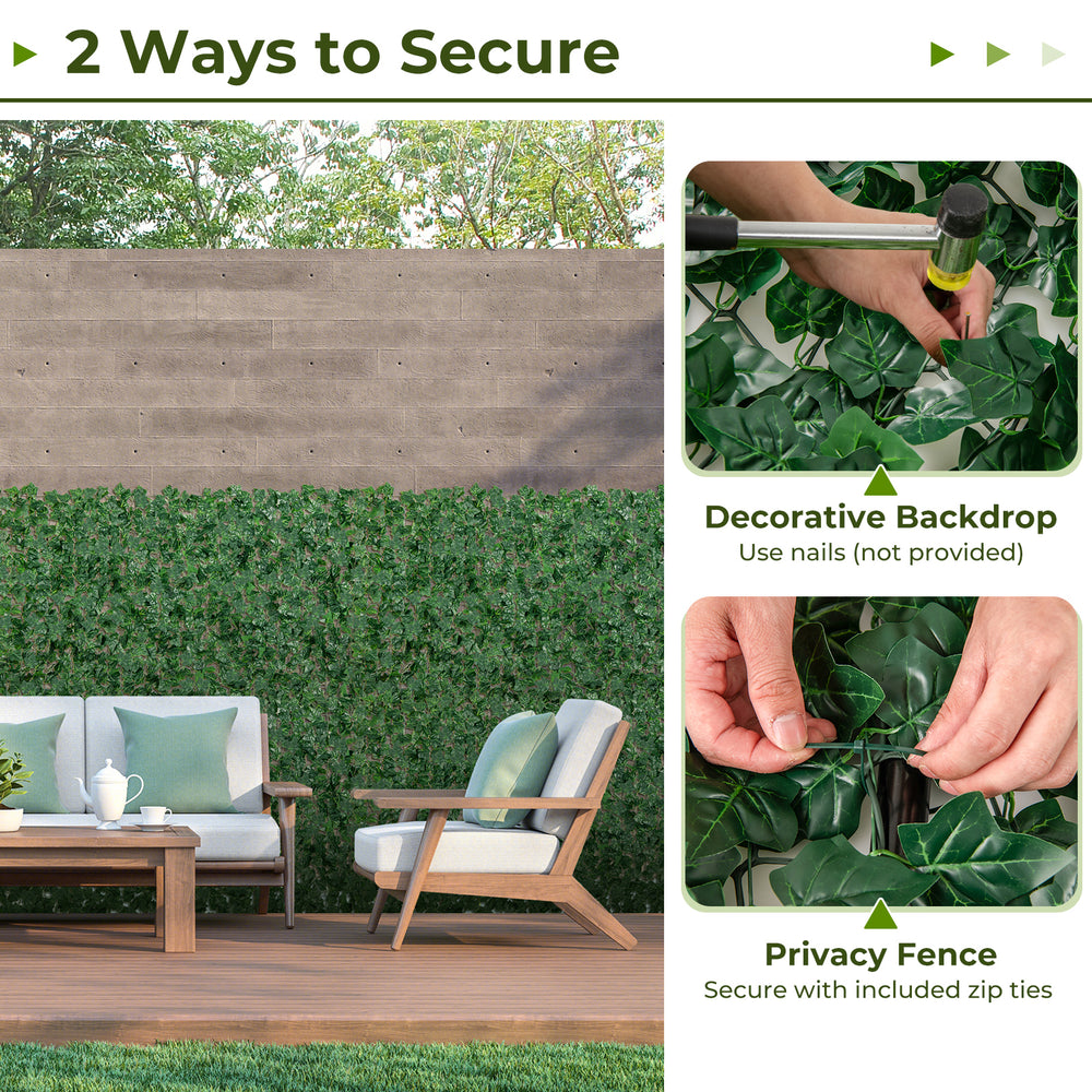 Artificial ivy privacy fence shown secured with zip ties, featuring dense, non-fading leaves for outdoor decoration.