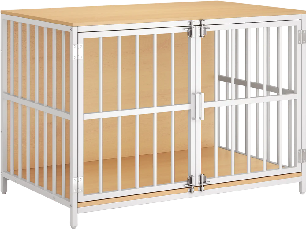 40-inch dog crate furniture with dual lockable doors, natural wood finish, and chew-proof metal tubes for pet safety.