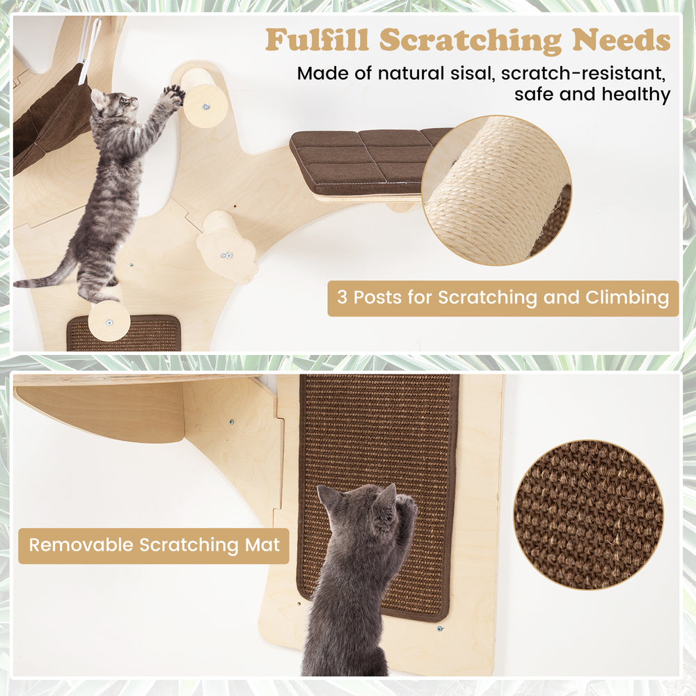 Wall-mounted cat tower featuring natural sisal scratching posts and removable mat, perfect for climbing and scratching.