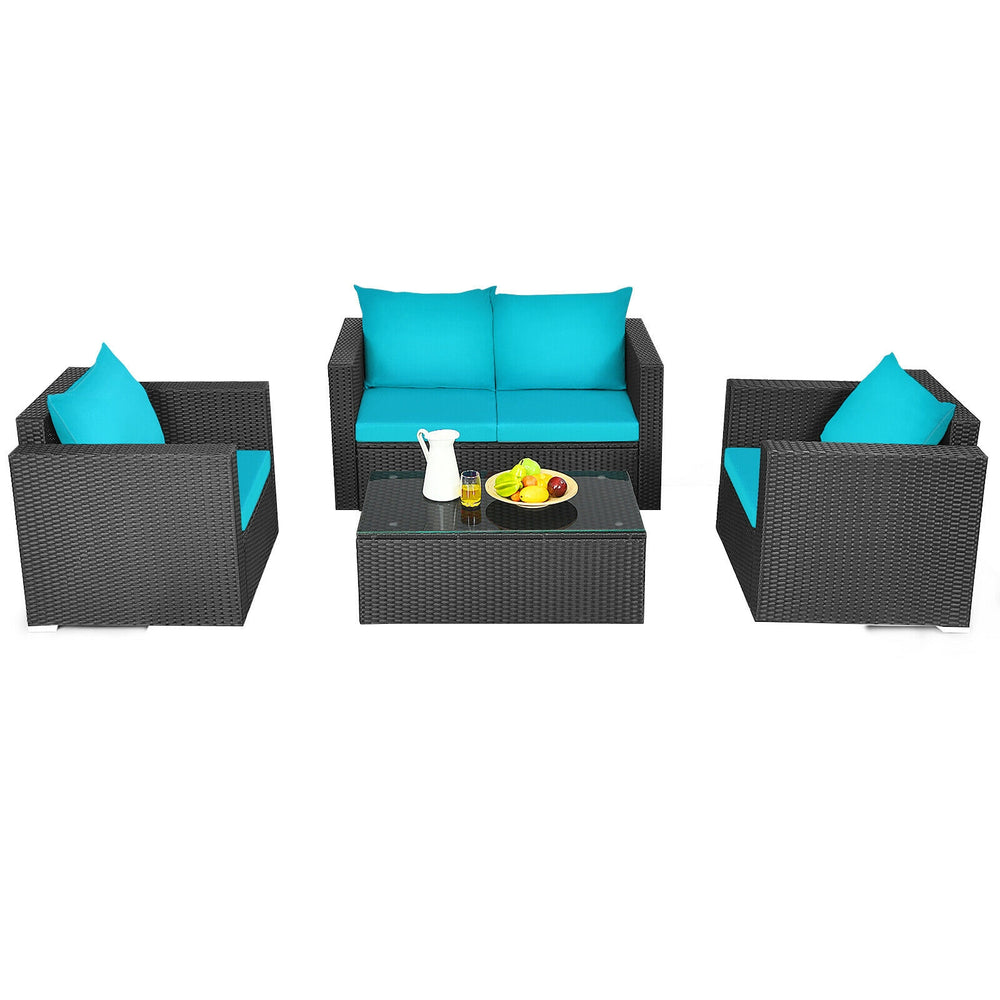Turquoise cushioned armchair from a patio rattan furniture set, featuring a sturdy PE rattan frame for outdoor comfort.
