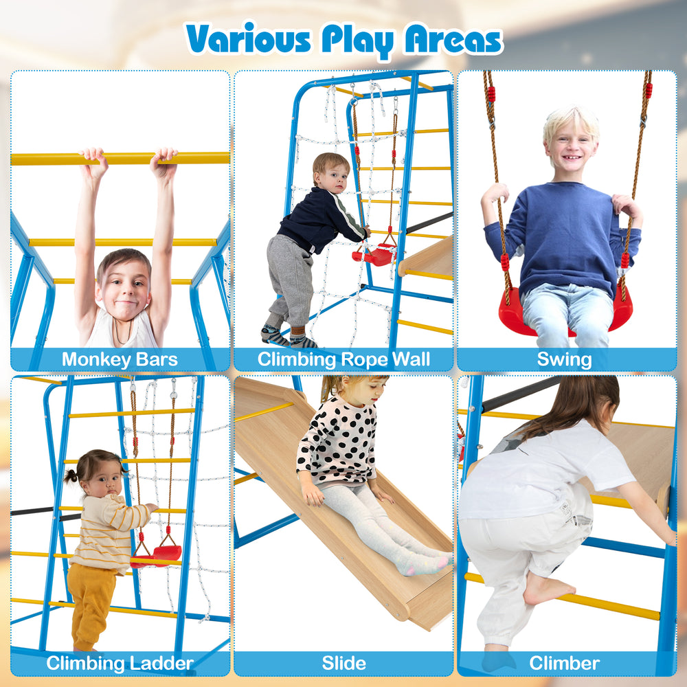 Indoor jungle gym featuring monkey bars, climbing ladder, slide, and swing for kids aged 3+, designed for safe play.