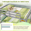 Full over full gray bunk bed with full-length guardrails and low height for easy access, ideal for kids' safety.