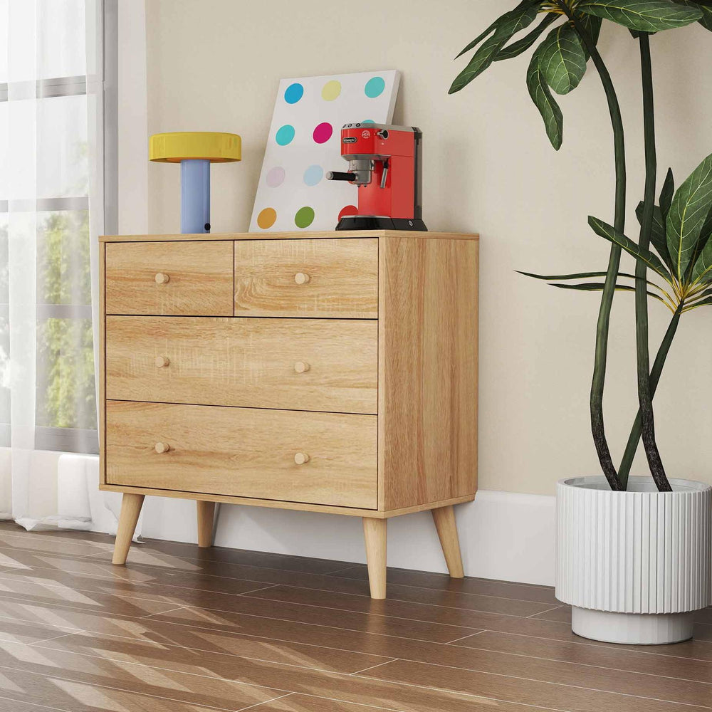 Free-standing 4-drawer dresser in natural wood tone with modern appeal, perfect for stylish storage solutions.