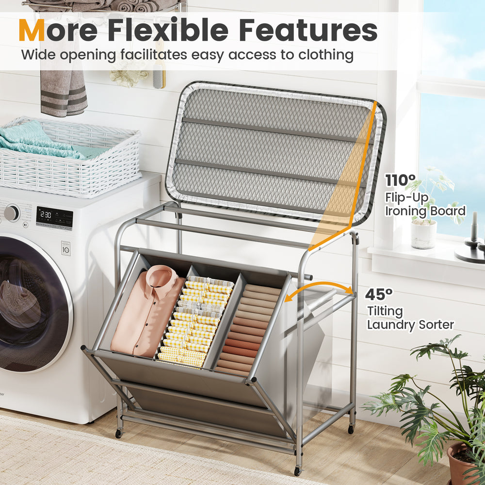 Gray laundry sorter with a flip-up ironing board and tilting design, featuring a robust metal structure and mesh.