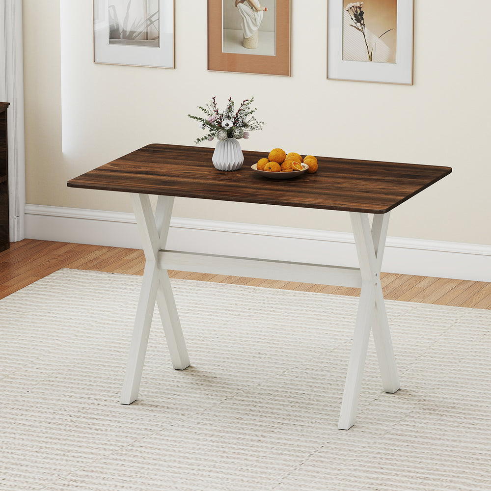 Modern dining table with X-shaped frame in white, featuring a spacious wood grain surface for versatile use.