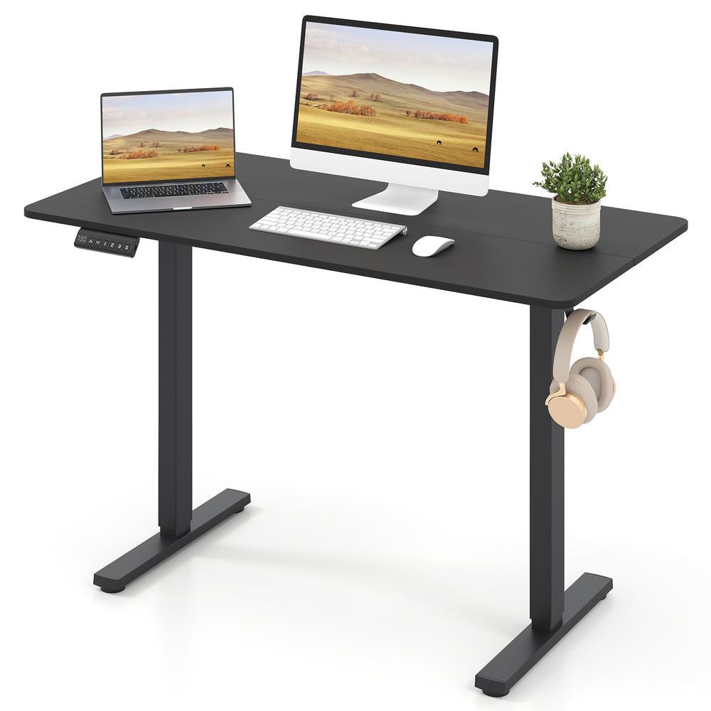 Ergonomic electric standing desk in black, 48"x24", with memory settings and headphone hook for home office use.
