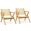 Natural teak wood patio chairs with webbing seats and slanted backrests, ideal for indoor or outdoor relaxation.