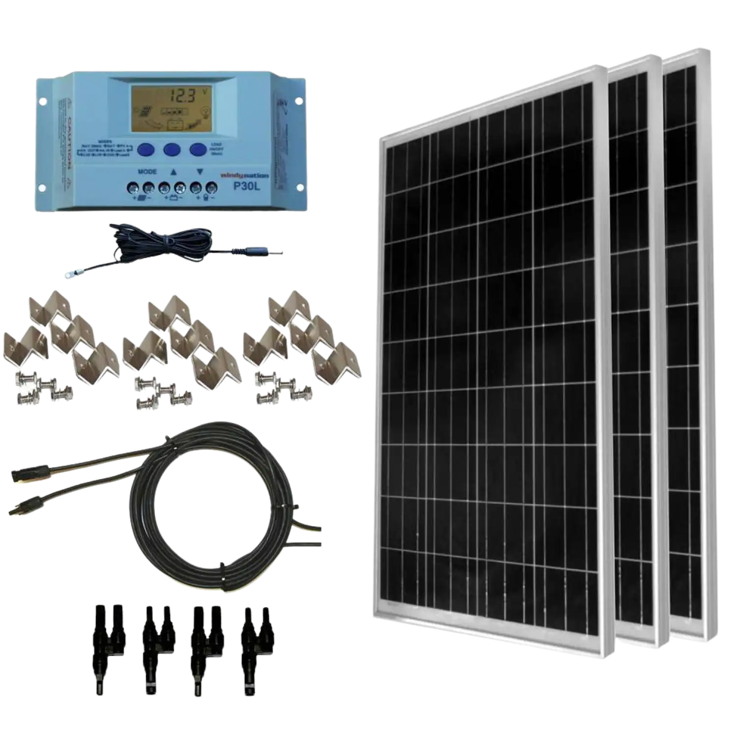 WindyNation SOK-300WP-P30L 300 Watt Solar Panel Kit With LCD Charge Controller New