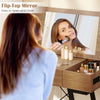 Vanity desk with flip-top mirror in rustic brown, featuring large storage and built-in power outlets for grooming.
