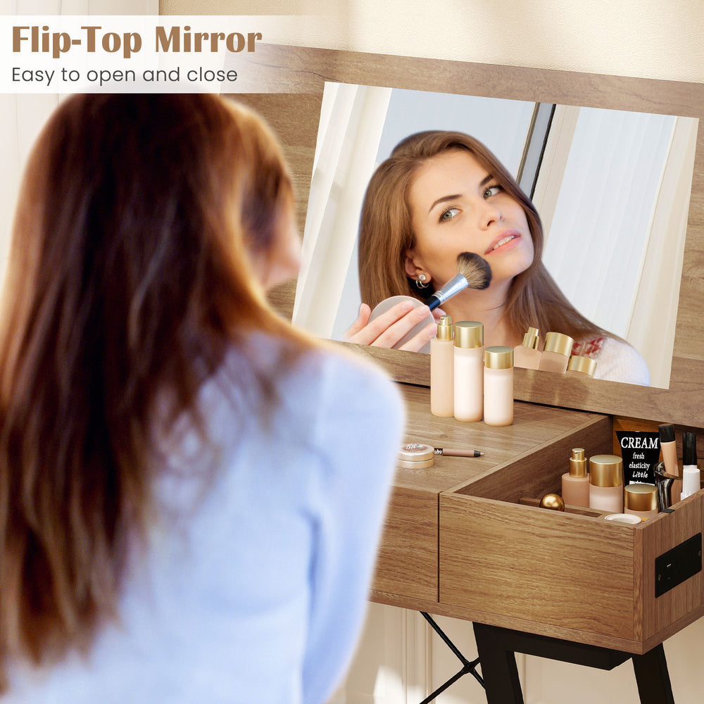 Vanity desk with flip-top mirror in rustic brown, featuring large storage and built-in power outlets for grooming.