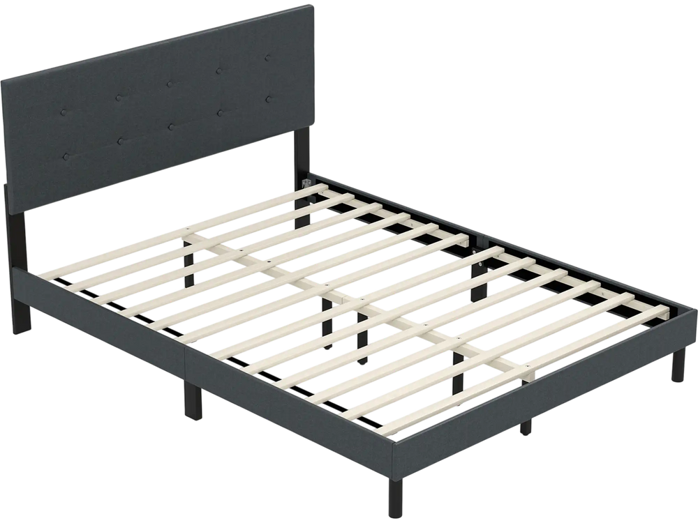Queen size upholstered bed frame in dark gray with tufted headboard, wooden slats, and rubber wood legs for stability.