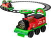 Electric kids ride-on toy train in green with 16-piece tracks, designed for safe indoor and outdoor fun.