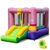 Bouncy castle with jumping area, slide, and basketball hoop, made of durable 420D oxford cloth for outdoor fun.