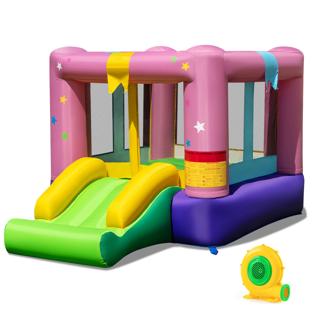 Bouncy castle with jumping area, slide, and basketball hoop, made of durable 420D oxford cloth for outdoor fun.
