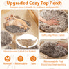 Cozy top perch of the Wood Cat Tree, featuring soft long plush fabric for comfort and a natural woven basket design.
