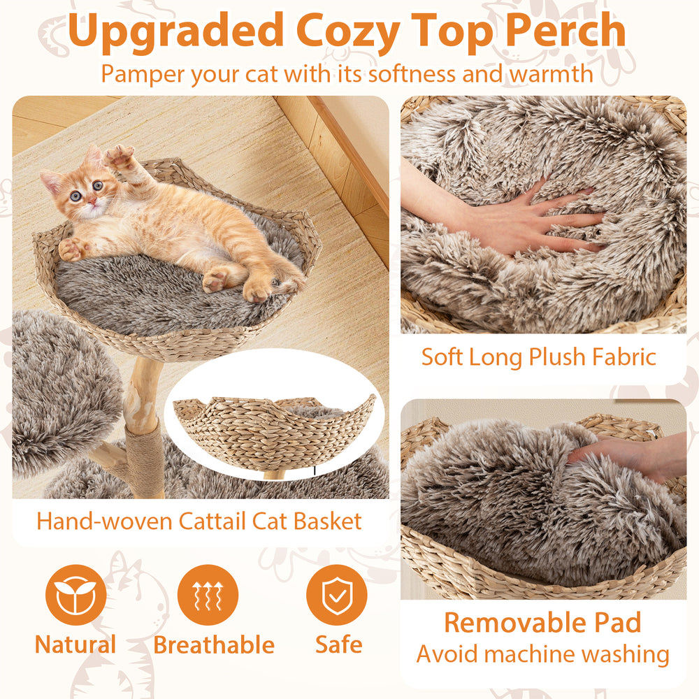 Cozy top perch of the Wood Cat Tree, featuring soft long plush fabric for comfort and a natural woven basket design.