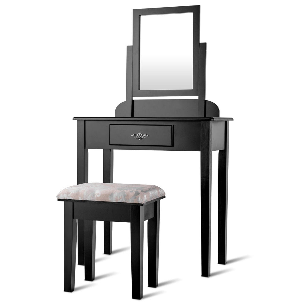 Vanity dressing table set with large square mirror, solid wood and MDF, includes stool for comfortable makeup.