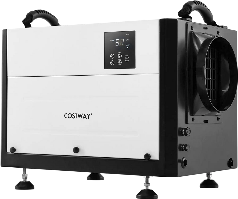124 Pint Crawl Space Dehumidifier with control panel, adjustable feet, and built-in handles for easy transport and.