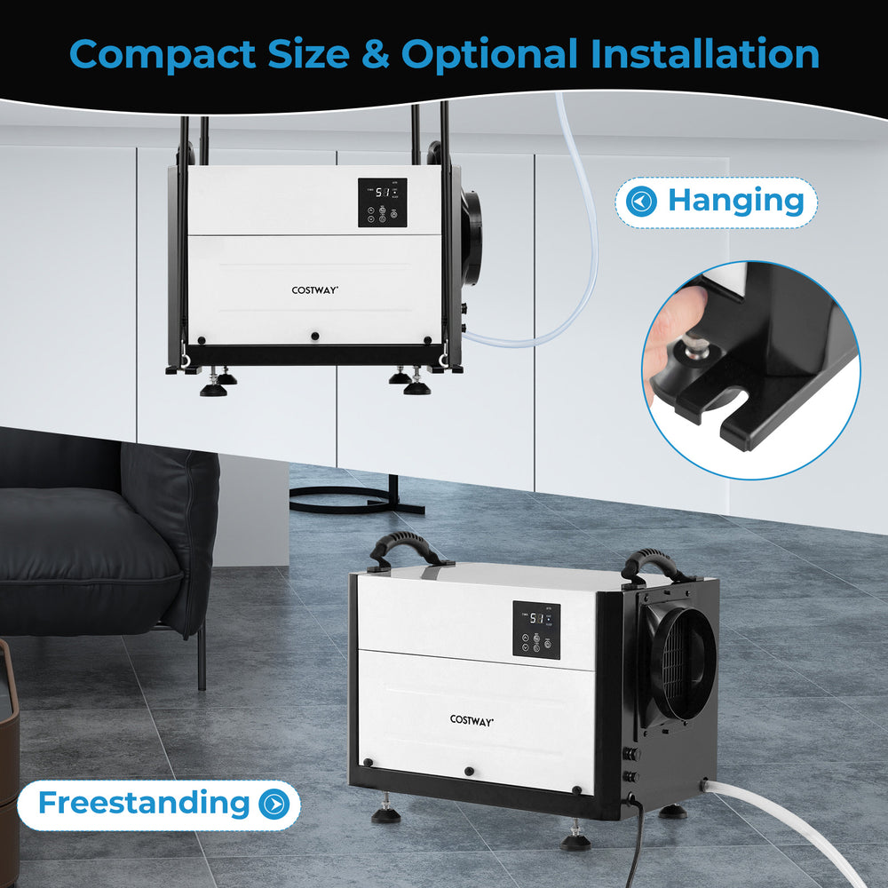 Crawl space dehumidifier with 124 pints/day capacity, freestanding or hanging installation, and adjustable humidity.